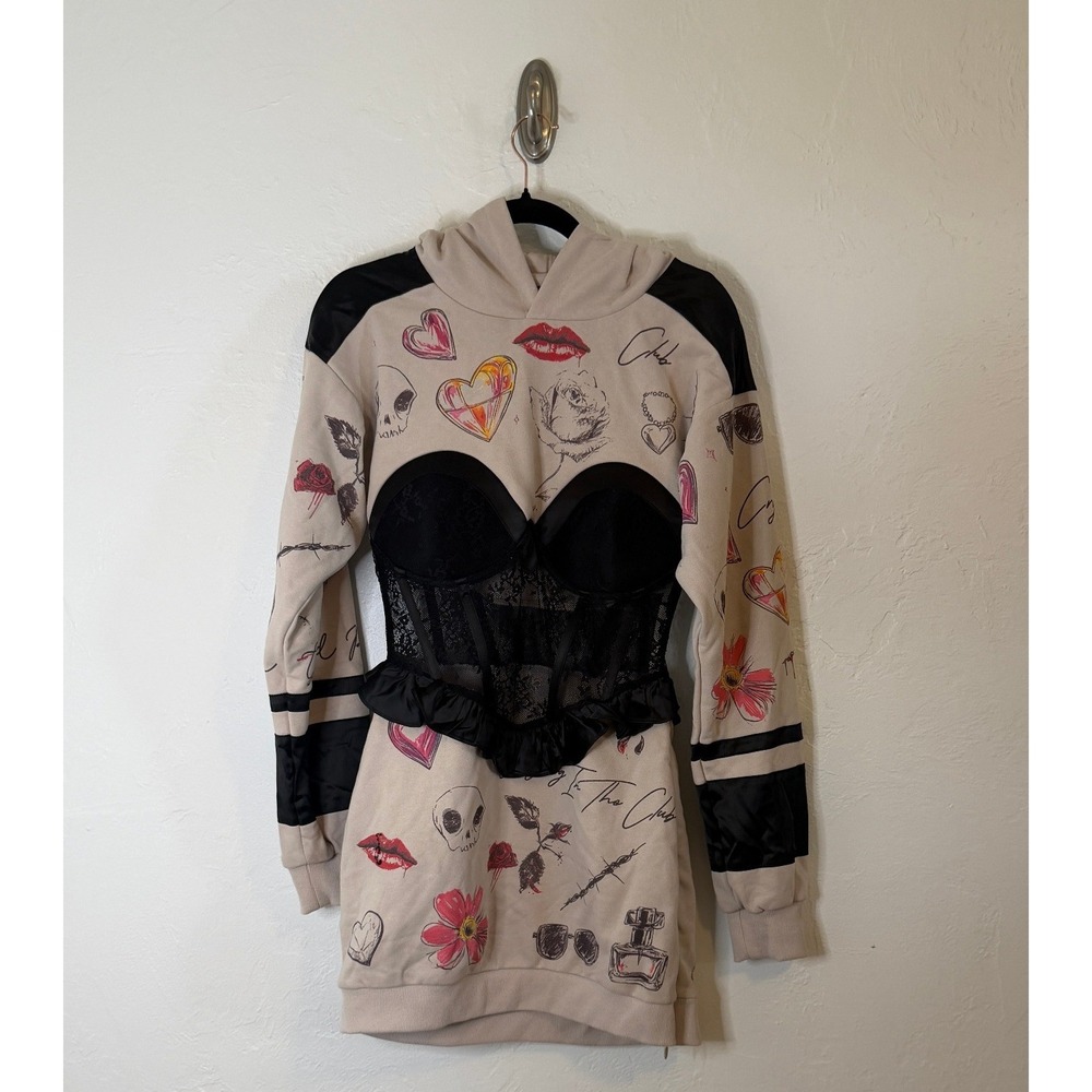 AKIRA Crying In The Club Graphic Hoodie Dress Lace Corset Tan Skull Rose Medium